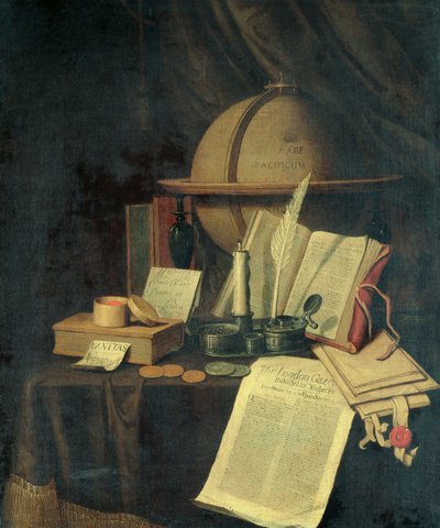 Omnia Vanitas: een aardbol, een caviole, munten en een exemplaar van de London Gazette van 13 juli 1691 door Edwaert Colyer or Collier